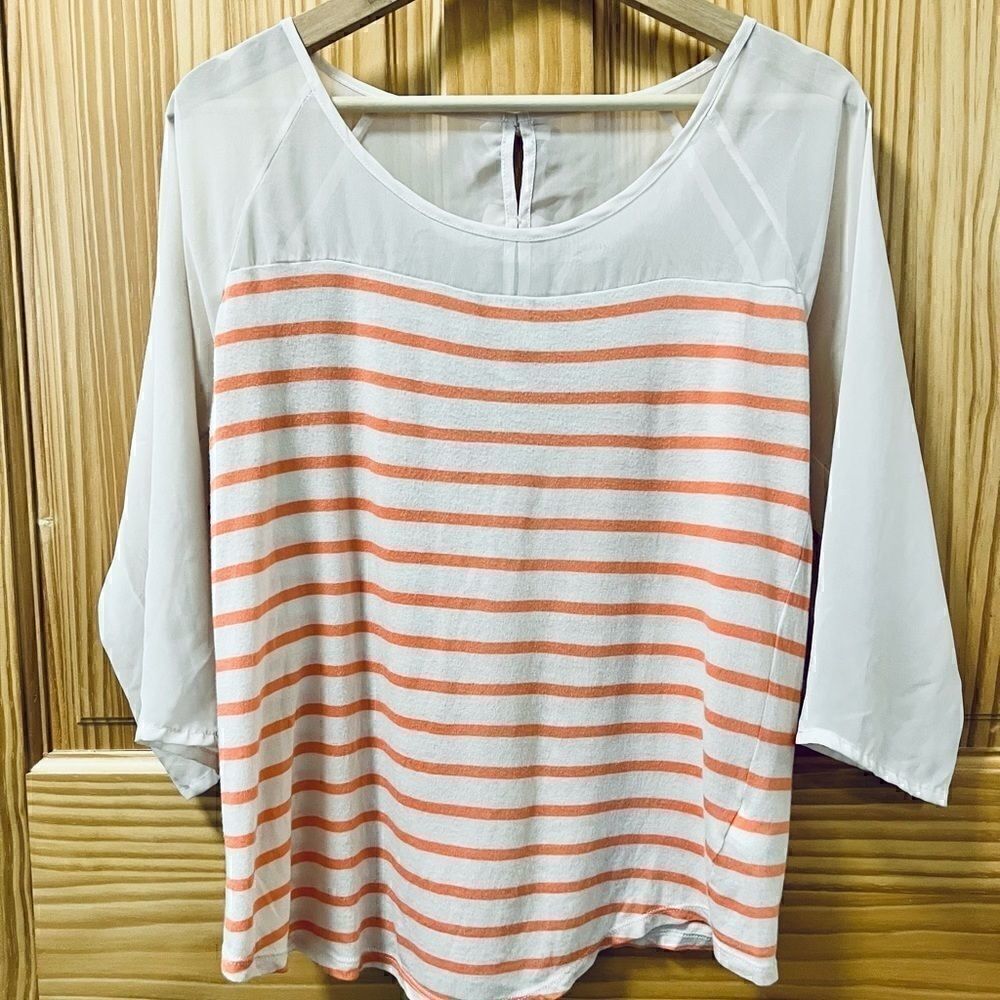 LC Lauren Conrad orange white 3/4 sleeve bow back striped sheer top shirt S
